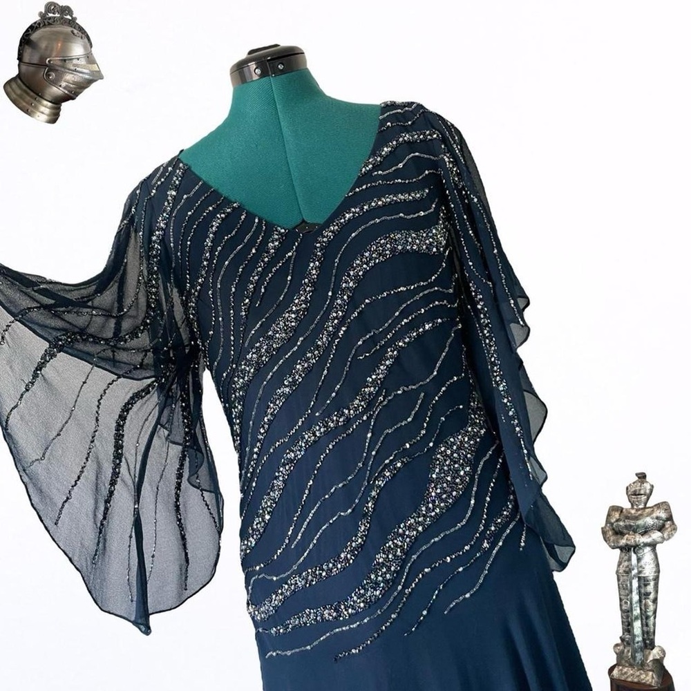 JKARA navy blue beaded flowy maxi formal dress with sheer flutter sleeves